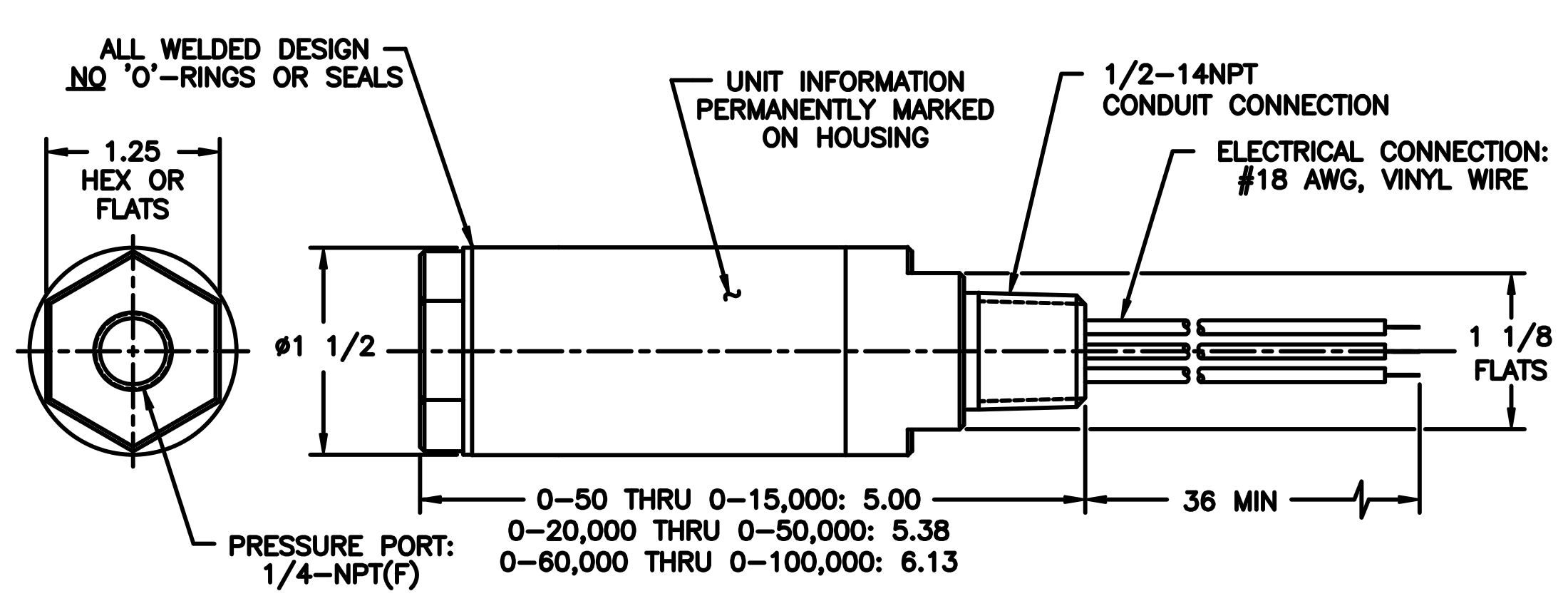 Dimensional Data for Model LP770 pressure transducer
